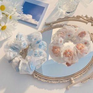 Floral Embroidered Mesh Hair Scrunchie Bundle